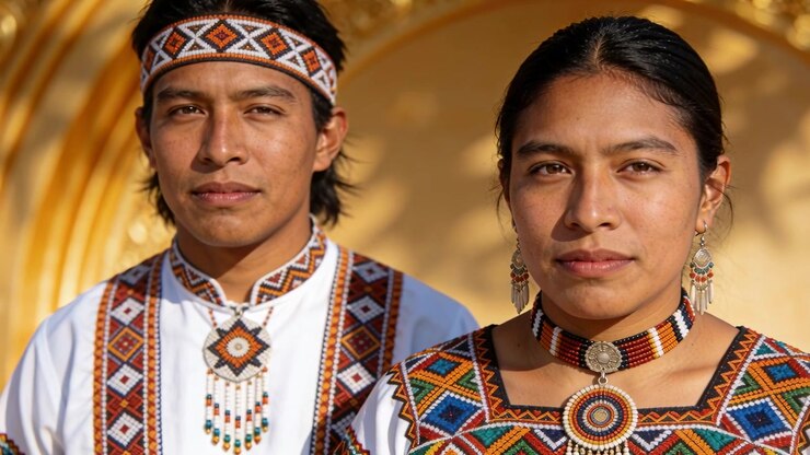 Camera tightening, ceremonial duo posing for portrait at gold arch, showing beaded choker medallion