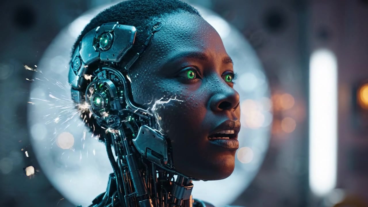 Un ritratto futuristico mozzafiato di un'androide femmina con occhi verdi luminosi, circondata da un ambiente ad alta tecnologia, che fonde umanità e tecnologia nell'arte visiva.