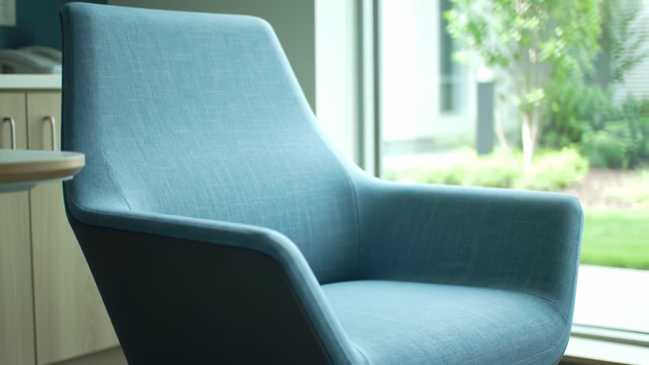 A Modern Blue Chair Positioned Elegantly by a Window, Bathed in Natural Light, Enhancing the Beauty of Contemporary Interior Design