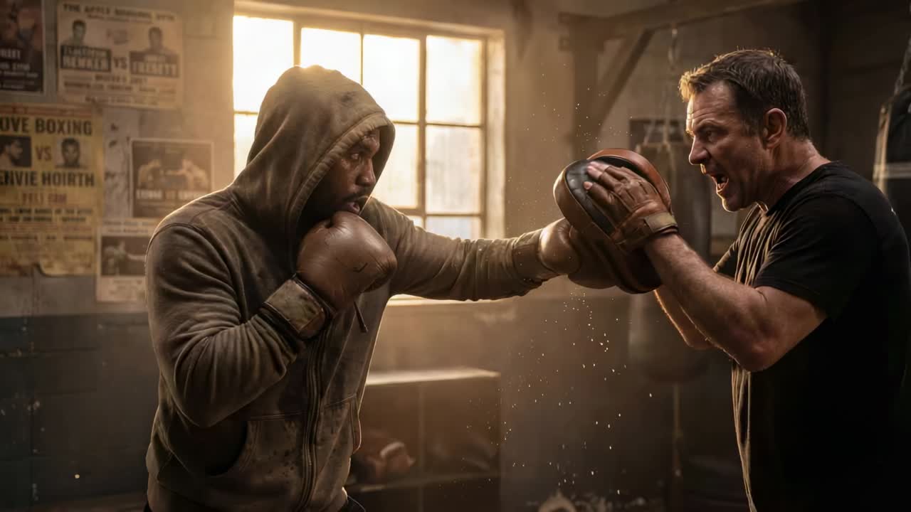 Presenting mitts, coach in black shirt calling drill, guiding hooded boxer throwing jabs for timing