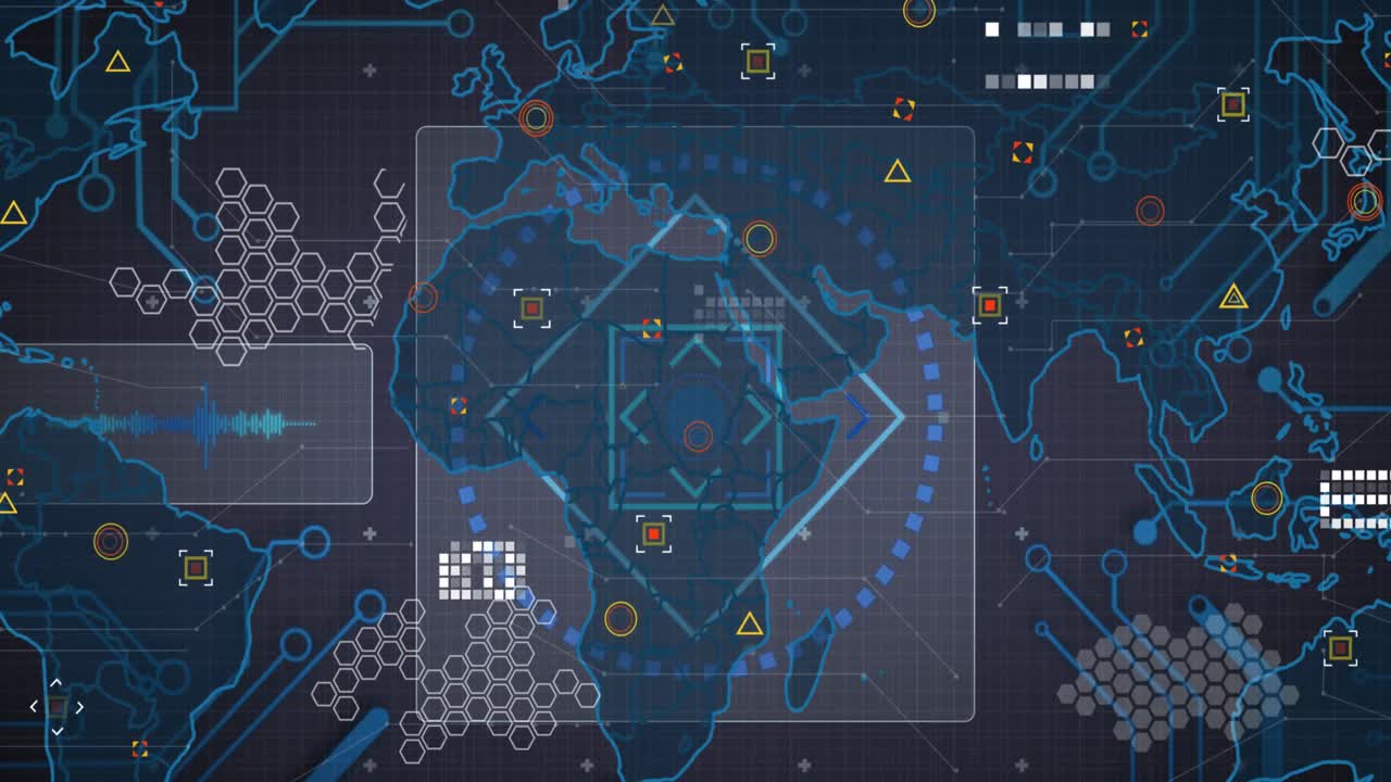 컴퓨터 회로판과 세계 지도에 대한 데이터 처리 애니메이션