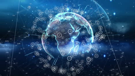 animation of media icons and globse over black background