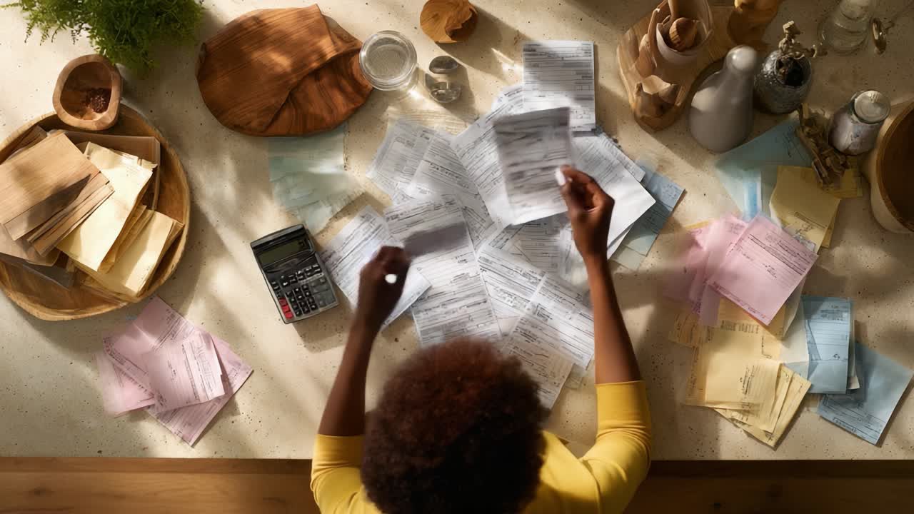 Aerial View of a Person Organizing Various Financial Documents and Receipts on a Table Surrounded by Household Items, Focusing on Calculation and Record Keeping