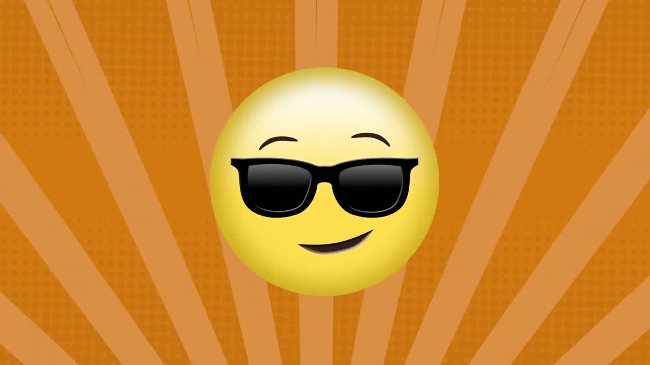 Animazione di un'icona emoji "cool" con occhiali da sole su strisce arancioni rotanti che si muovono in un ciclo continuo.