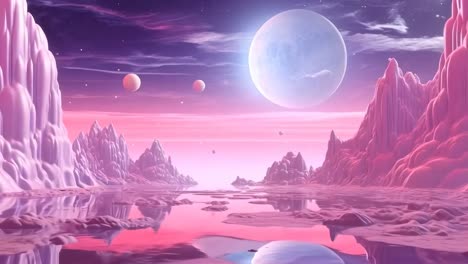Surreal alien landscape video with a low-angle view, featuring pink mountains, a reflective lake