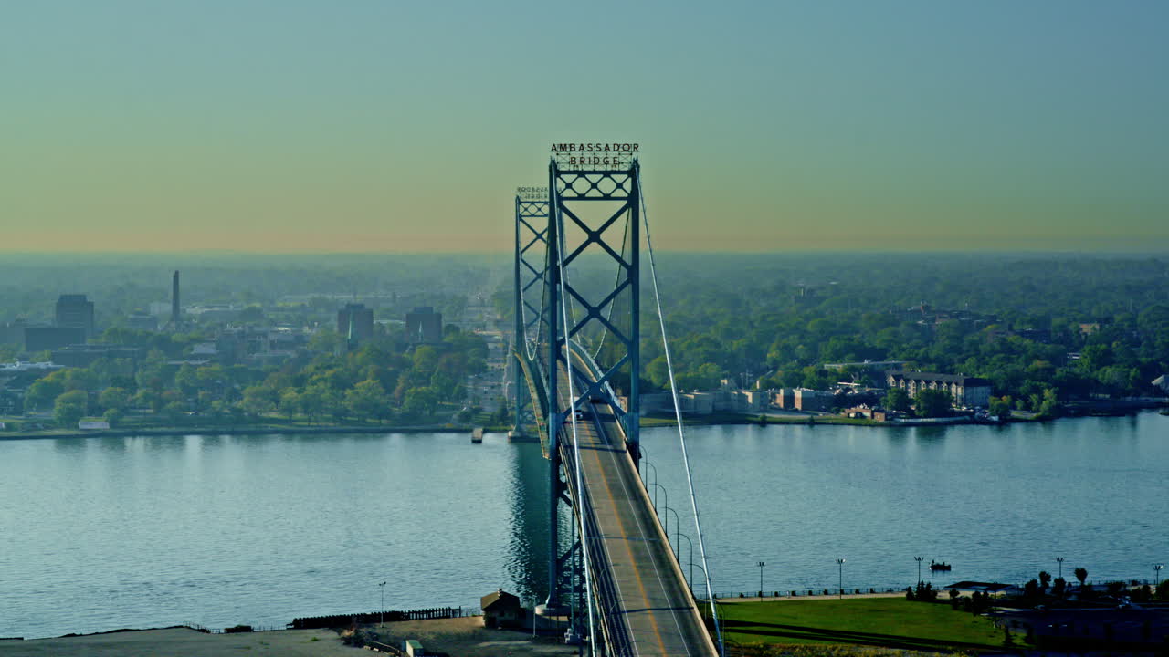 Drone shot highlighting the Ambassador Bridge that spans the border between the U.S. and Canada