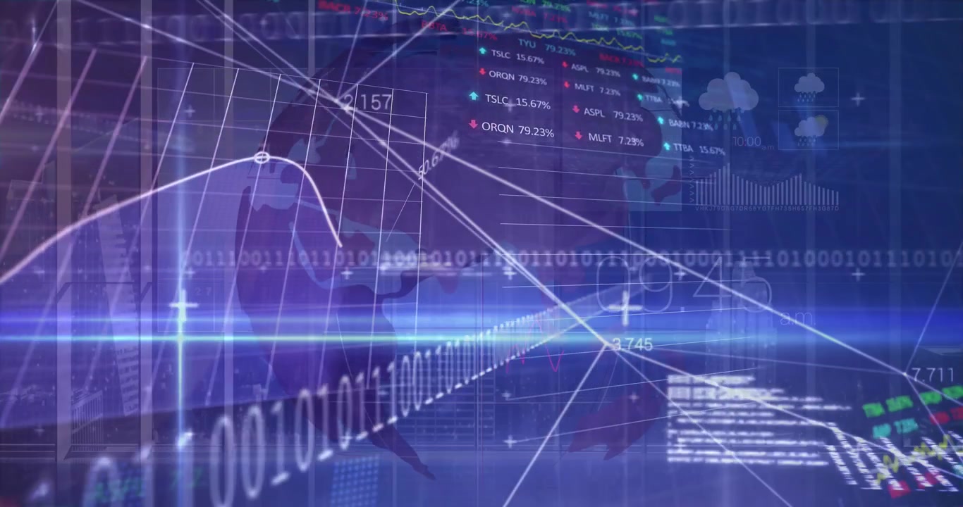 Animazione di dati finanziari e grafici su globo che ruota su sfondo blu