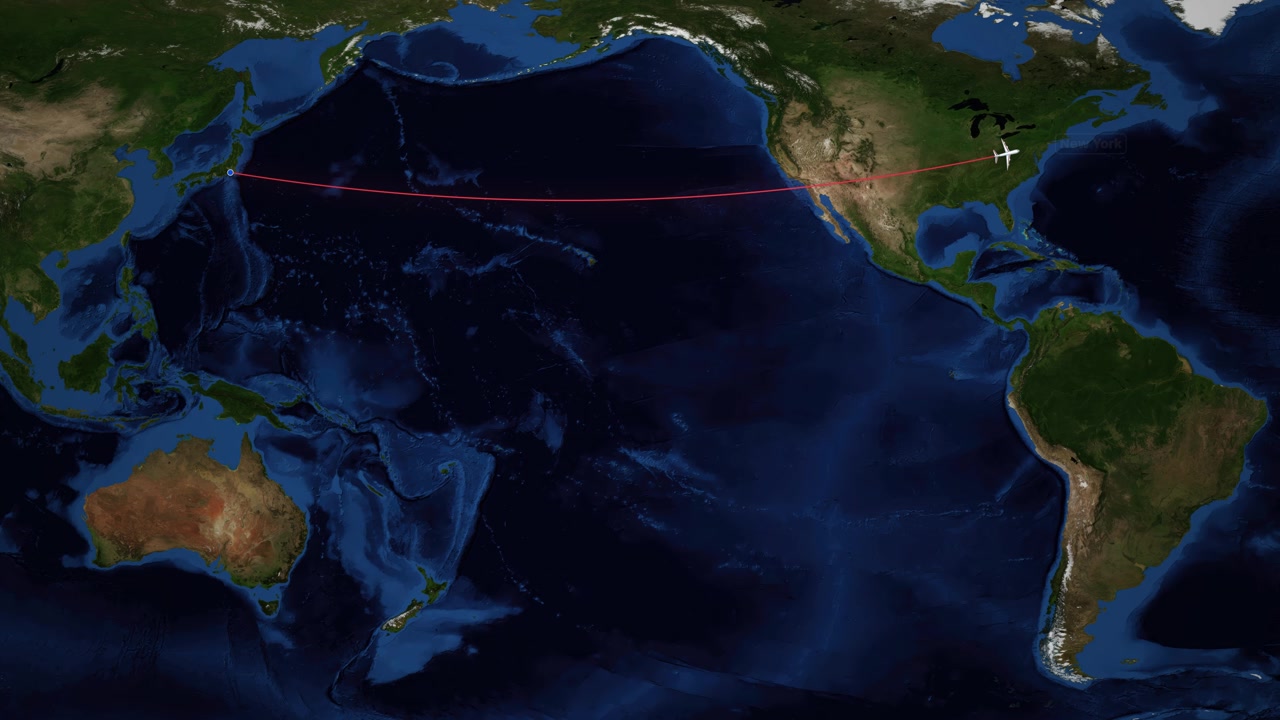 Animated Airplane Flight Path from Tokyo to New York on World Map