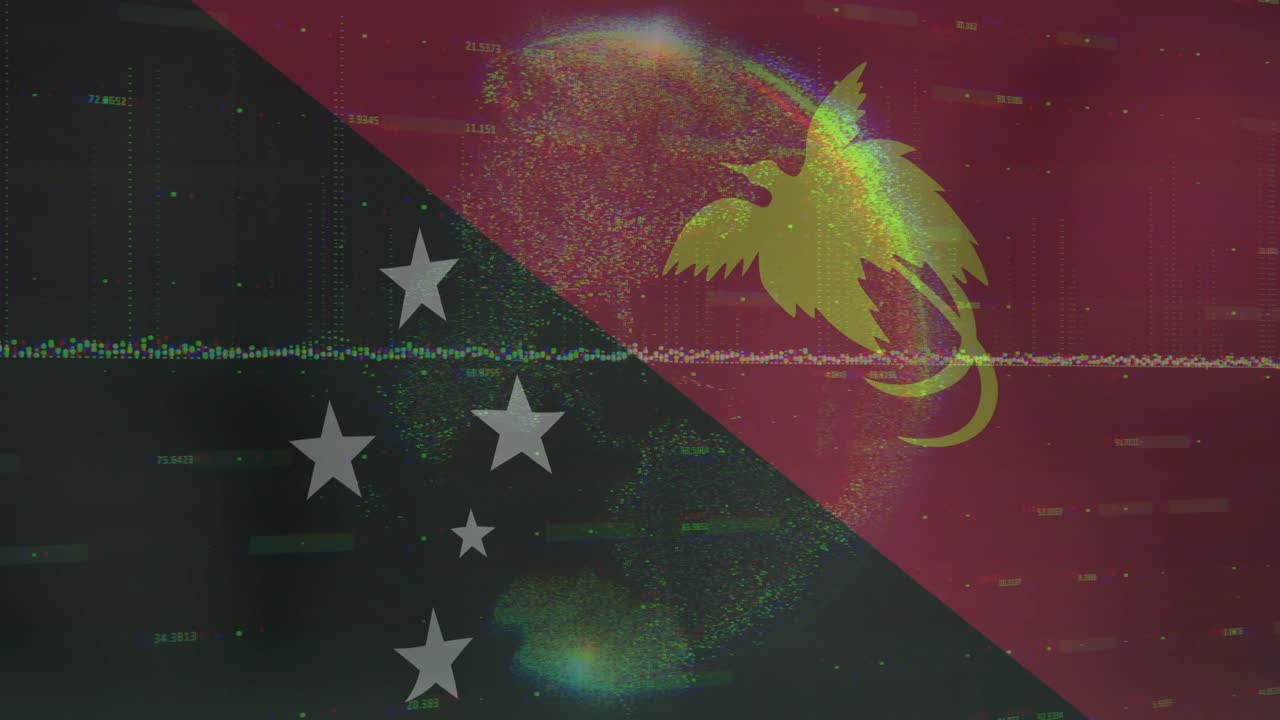 Menampilkan motif bendera PNG diagonal membagi bintang-bintang gelap yang terglitch dan warna merah dengan siluet burung emas.