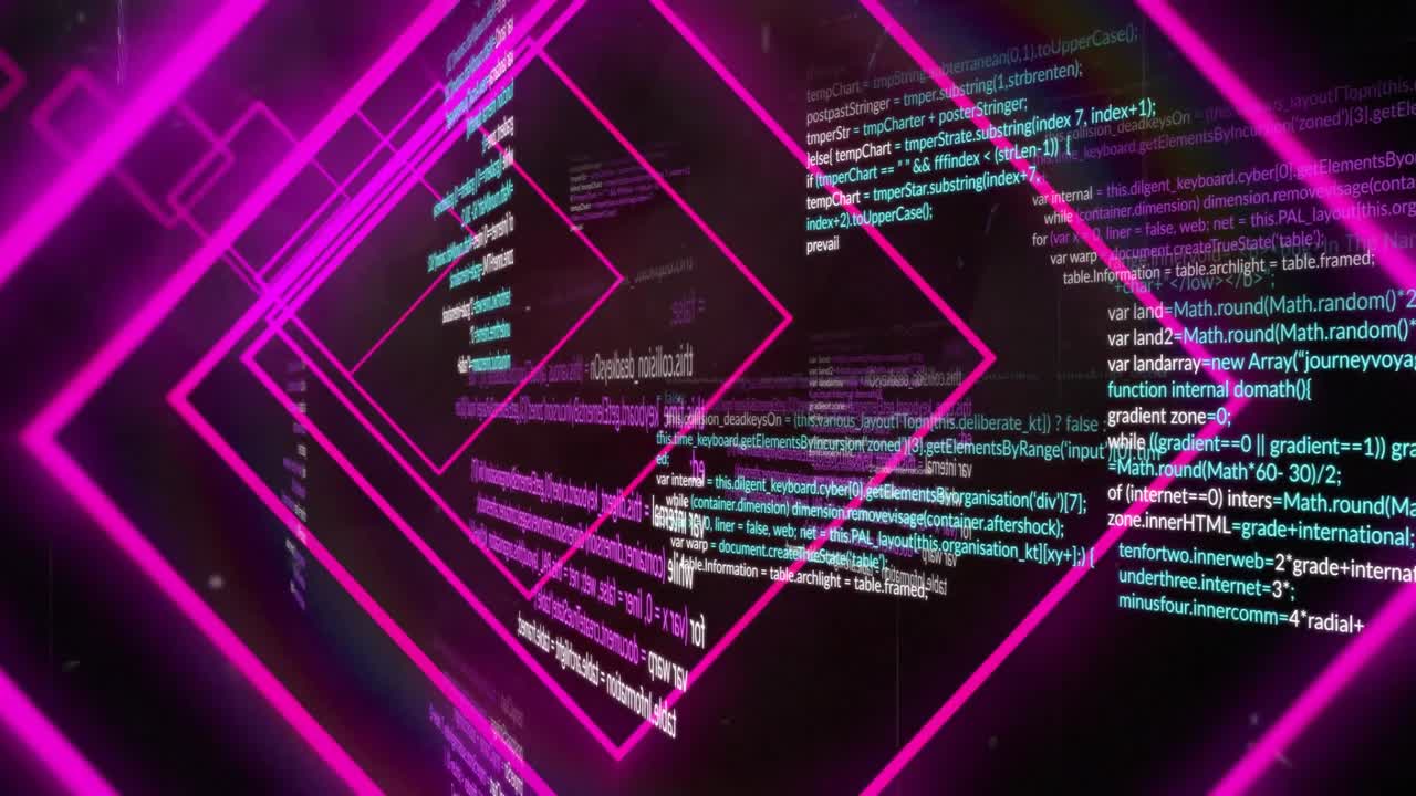 Magenta neon diamond frames gliding into dark void, floating code snippets in 3D render