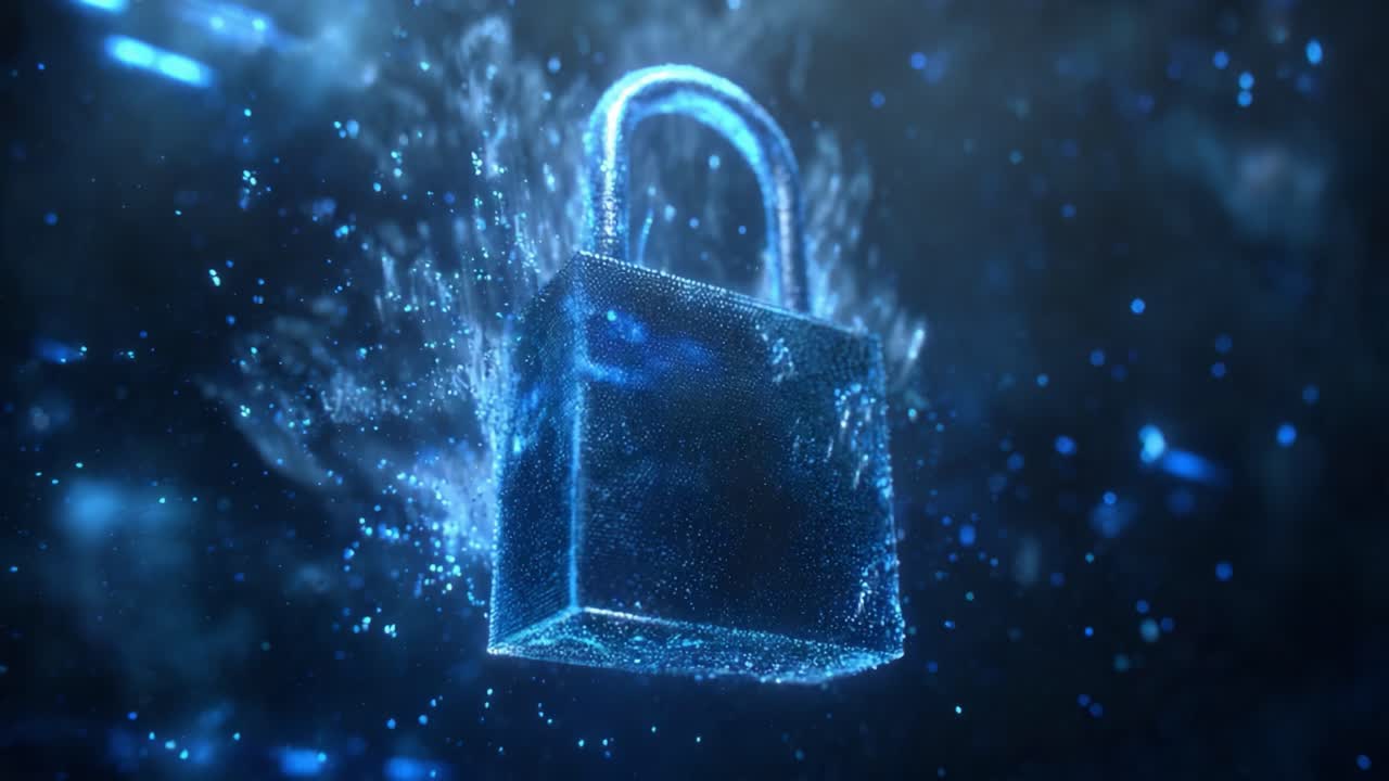 A stunning visual representation of a translucent digital padlock emerging from a cloud of luminous particles, symbolizing security, protection, and digital privacy in a futuristic landscape