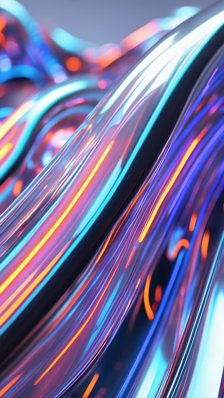 Vertikální video: Otevírací tekutý metalický povrch se vlní v 3D gradientním pozadí, neonové pruhy pulzují