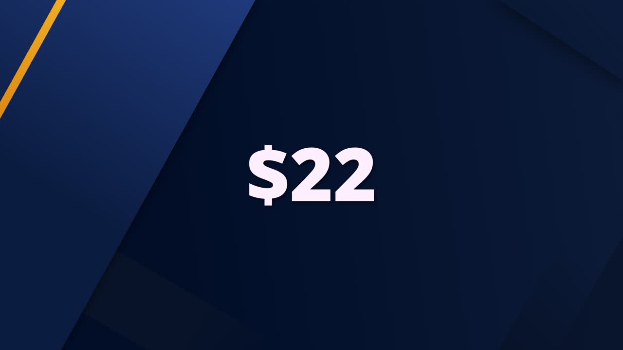 Flat design animation showing a digital price of $22. Designed for marketing videos, online stores, or sales promos