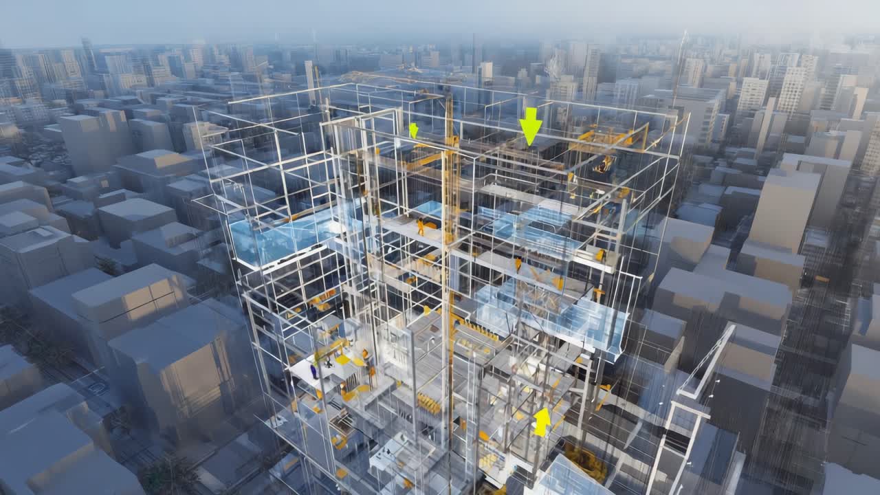 3D Wireframe Building Model with Cityscape Background