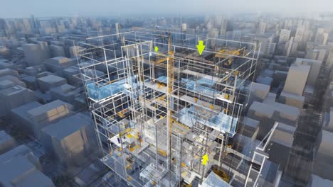 3d wireframe building model with cityscape background