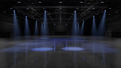 movimiento exposición de sala vacía con iluminación. telón de fondo para puestos, cabina, producto. gran sala para conferencia, en línea.3d fondo para entretenimiento, concierto, evento, deportes, en vivo. bucle de animación 4k.3d render.