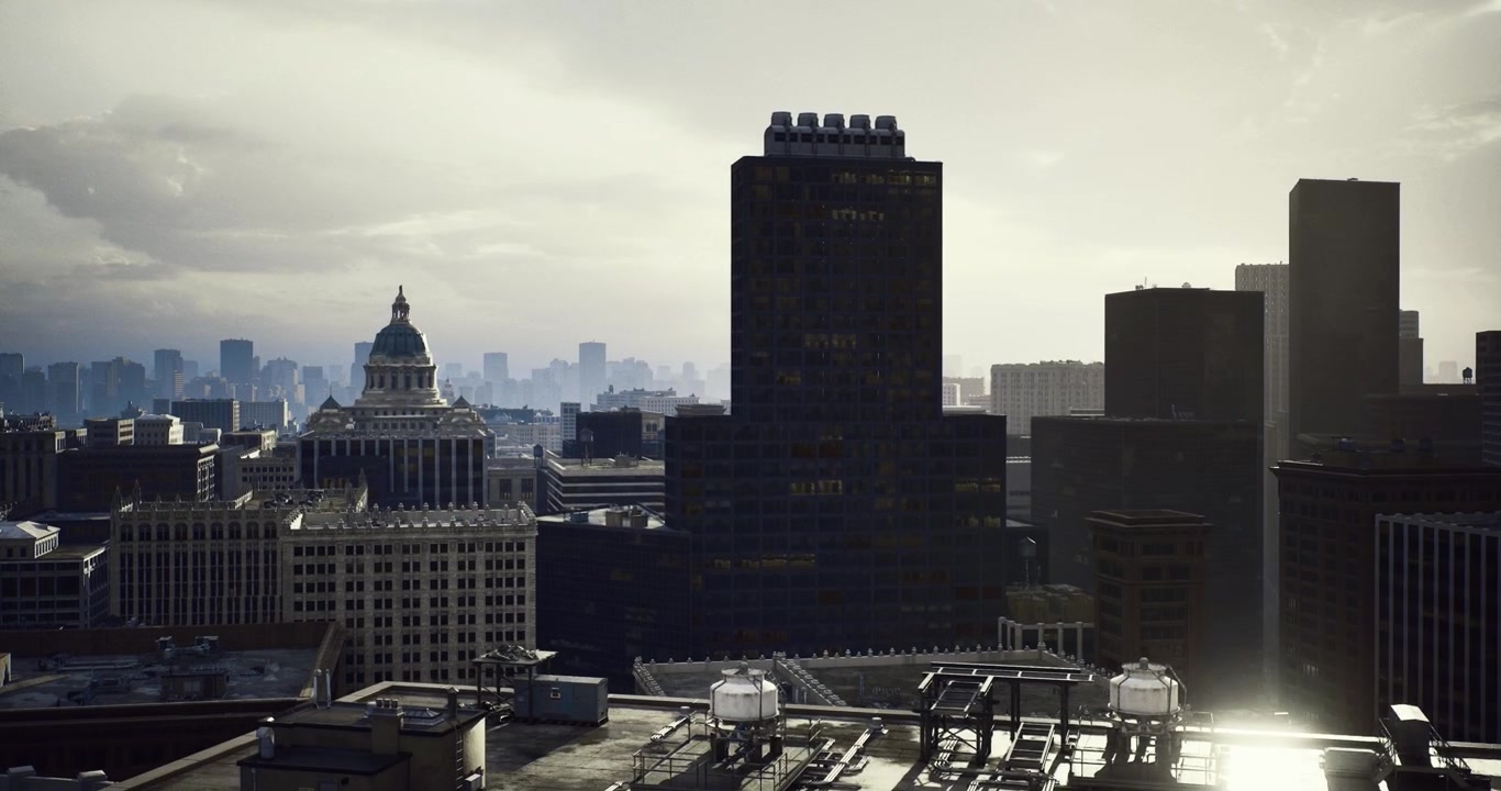 El edificio vertical contrasta marcadamente con el entorno urbano neblinoso