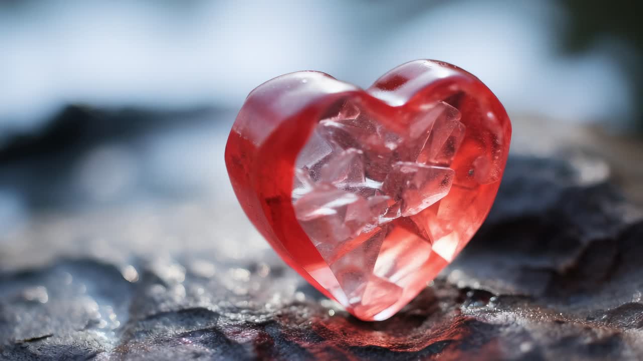 Resting on a dark rock, a broken glass heart symbolizes heartbreak and lost love, embodying the pain and vulnerability of difficult relationships and emotional struggles