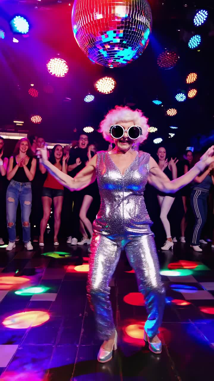 Spirited elderly female grooving in metallic outfit, funky shades amid disco lights, surrounded by enthusiastic partygoers