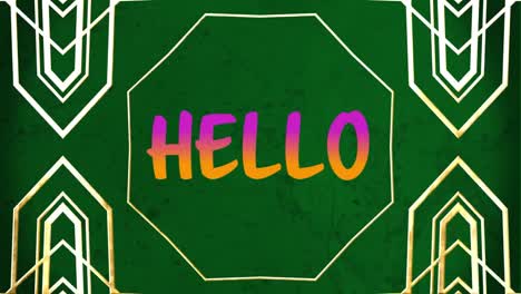 animación digital del texto de saludo contra un fondo de movimiento caleidoscópico verde