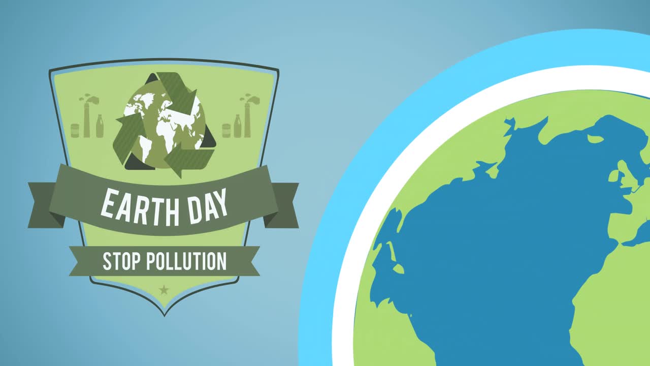 지구의 날 생태학 텍스트와 파란색 배경의 지구촌의 애니메이션