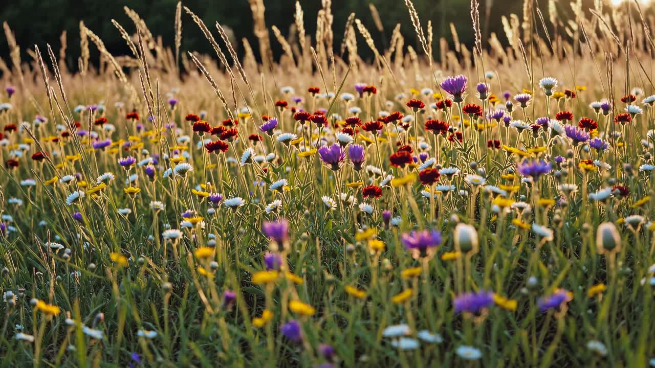 Ein ruhiges Video einer Wildblumenwiese bei Sonnenuntergang, aufgenommen aus einem niedrigen Winkel, das die leuchtenden Farben hervorhebt.