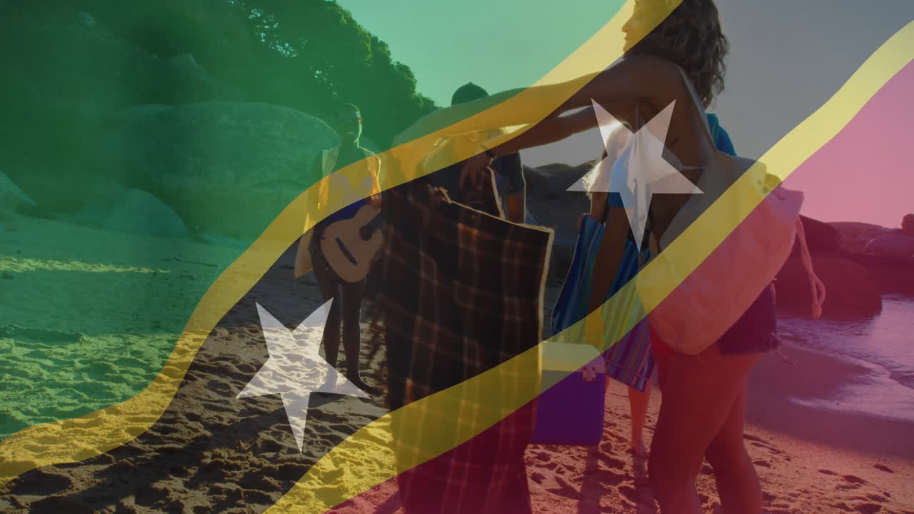 At beach, people relaxing with animation of St