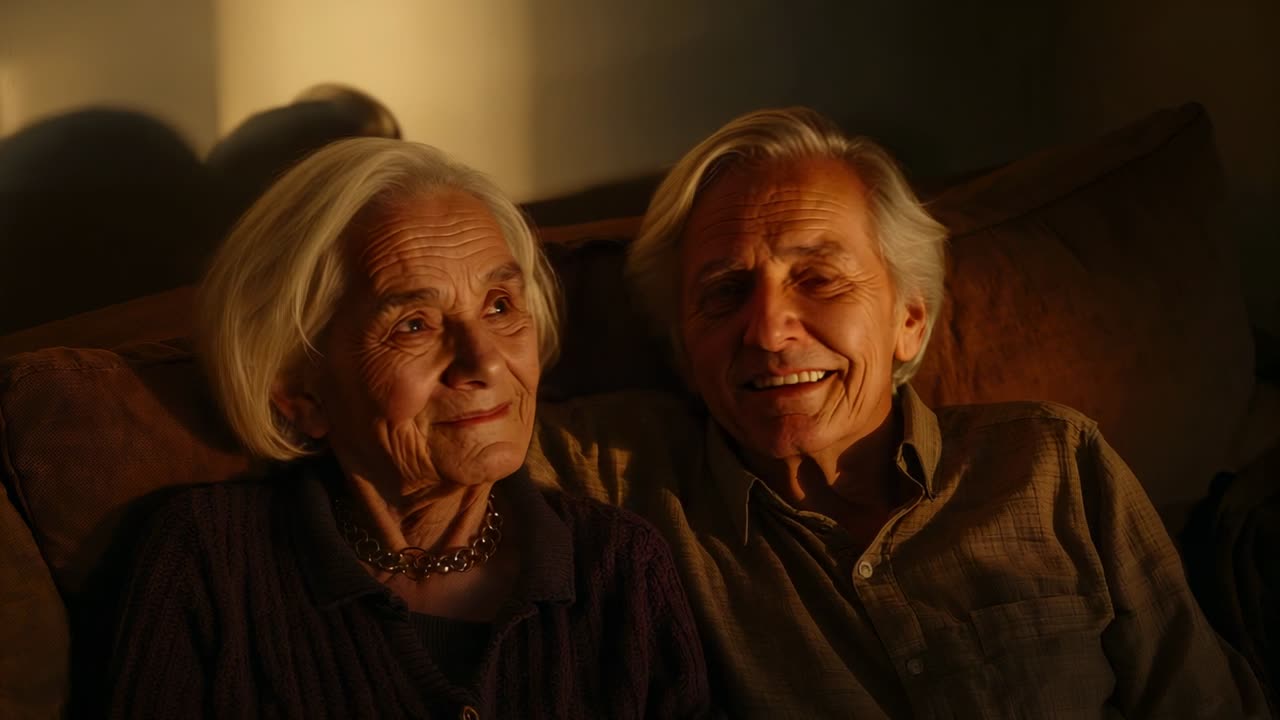 Een glimlachende oudere man leunt naar zijn partner; de vrouw glimlacht terug, haar hoofd schuin houdend, en toont genegenheid op de bank, een vest dragend.
