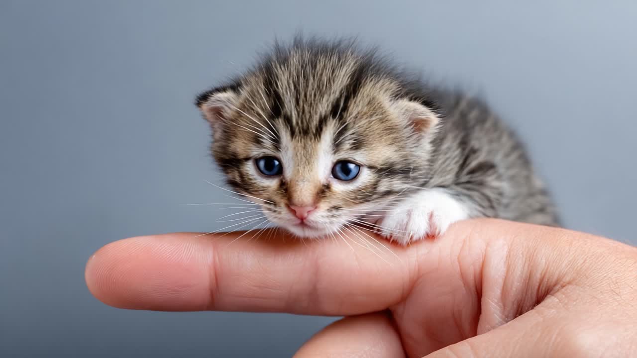 An Adorable Kitten Balancing on a Finger, Showcasing the Delicate Interaction Between Humans and Pets, Highlighting the Intricacies of Feline Expressions and Behaviors