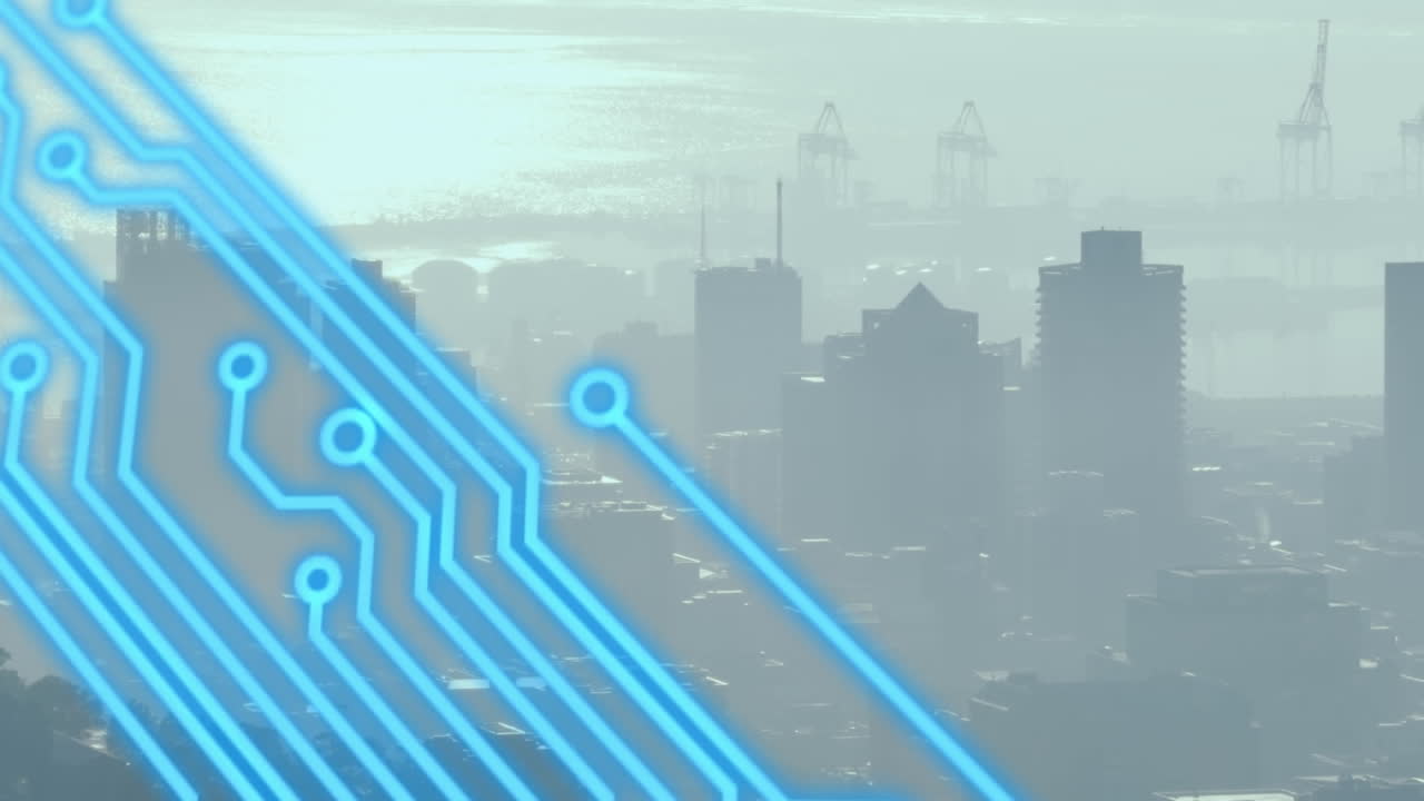 Animation of circuit board and data processing over cityscape