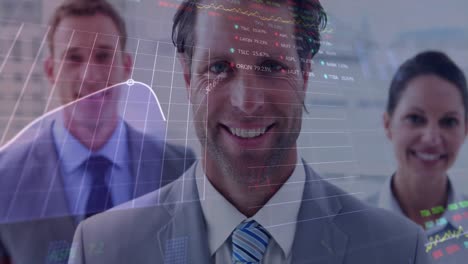 Animation-of-stock-market-data-processing-over-portrait-of-diverse-businesspeople-smiling-at-office