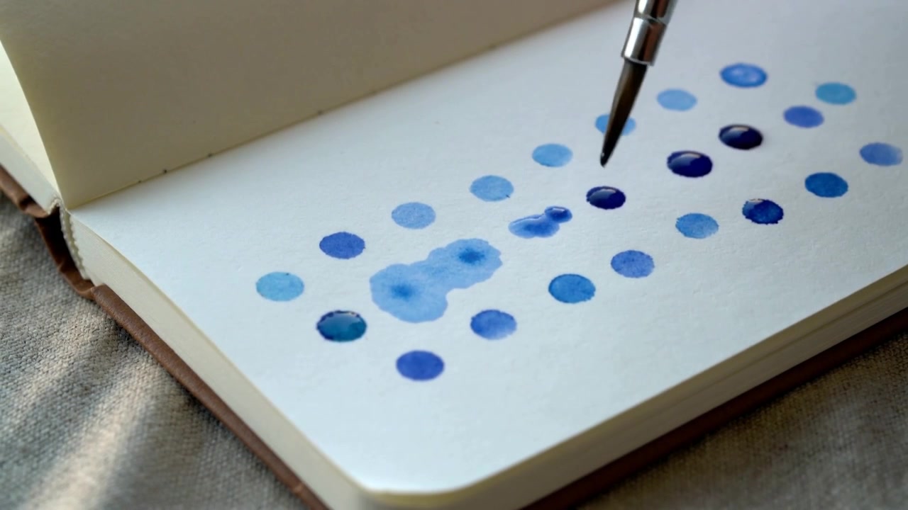 Pennello ad acquerello che, entrando dall'alto a destra, punteggia macchie blu su una pagina aperta di un quaderno da disegno, riempiendo la griglia