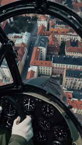 pilot's view of prague from airplane cockpit