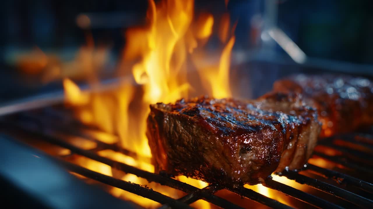 Deliciously Grilled Steak with Intense Flames Creating a Perfectly Charred Exterior, Captured in the Heat of Barbecue Passion for Culinary Enthusiasts and Food Lovers Alike