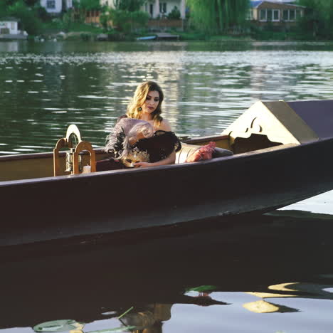 young beautiful woman in boat is holding the feather and showing her shoulder on the river background. sexy female with long dark hair floating in summer