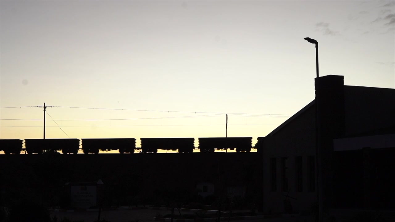 Silhouette di vagoni merci al tramonto