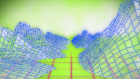 animación digital de estructuras de montaña en 3d sobre una red de cuadrícula contra un fondo verde