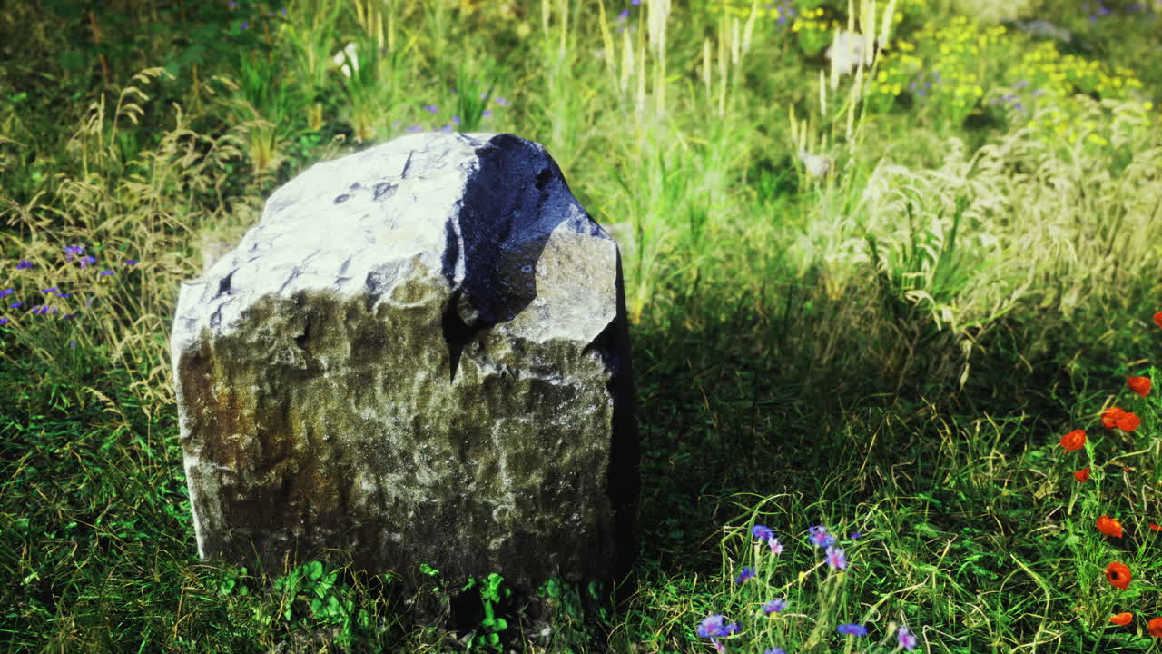Large stone amidst wildflowers in a vibrant green meadow during daylight