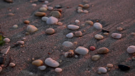 close up pebblles rest on beach at sunset