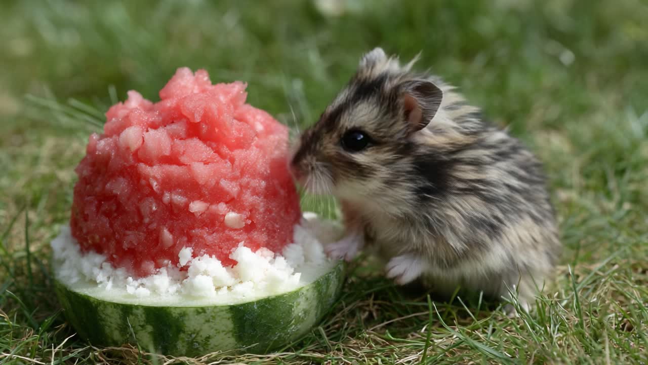 Adorable Small Rodent Enjoying a Refreshing Watermelon Treat on a Sunny Day, Showcasing Its Love for Juicy Fruits in a Playful Setting