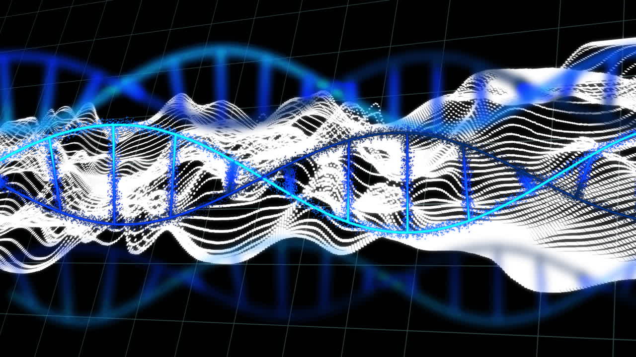 DNA strand and wave patterns, scientific data processing animation