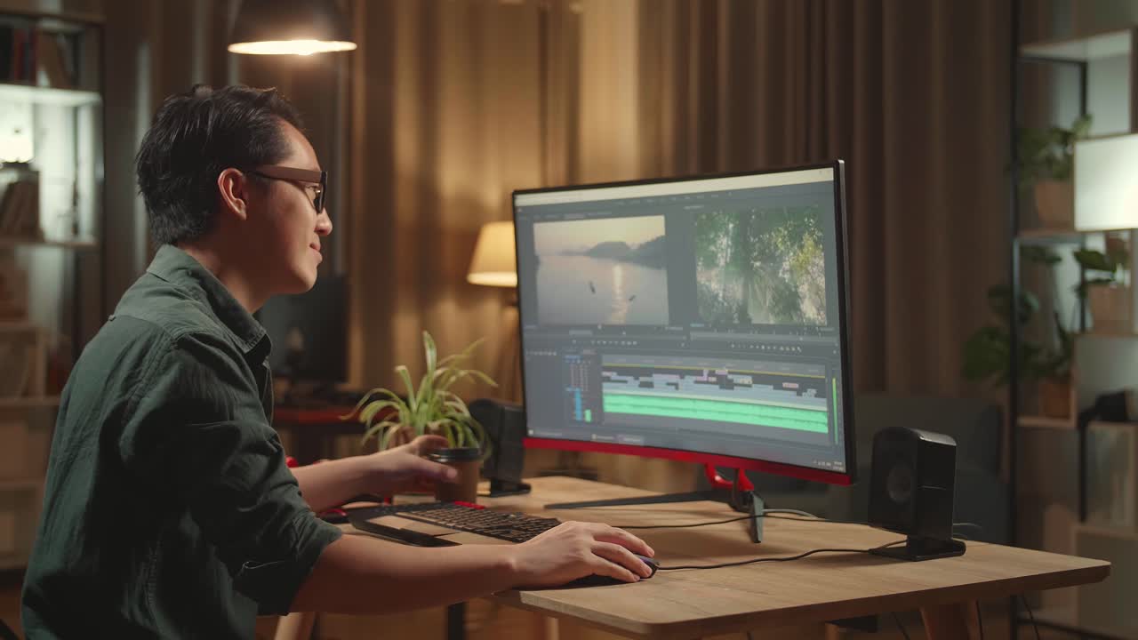 Asian Male Video Editor Works And Drinking Coffee With His Personal Computer, He Works Late At Night
