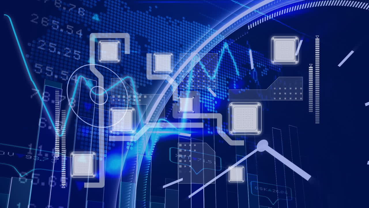 Animation of computer circuit board over data processing with moving clock on blue background