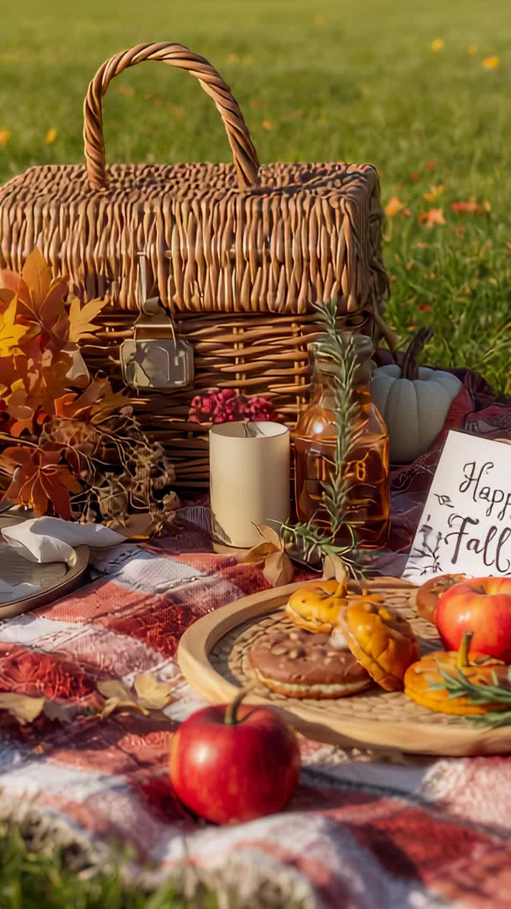 Vertical video: At start camera panning to fall picnic basket on grassy lawn, highlighting pastries