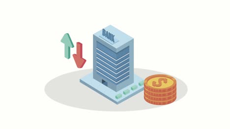 financial economy animation with banking building and coin