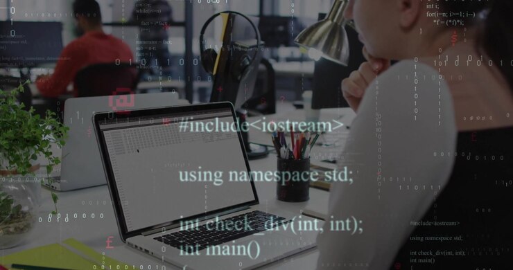 Female tech developer clicking laptop URL bar and watching code streams filling screen to load IDE