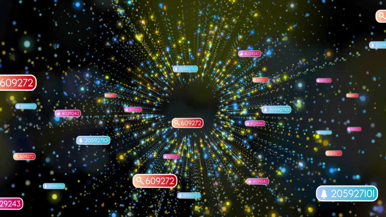 Central search-icon callout showing "609272" radiating streams, floating color notification tags