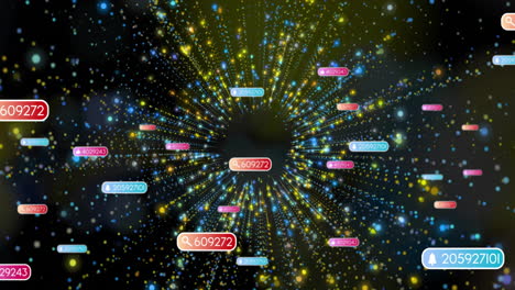 central search-icon callout showing "609272" radiating streams, floating color notification tags