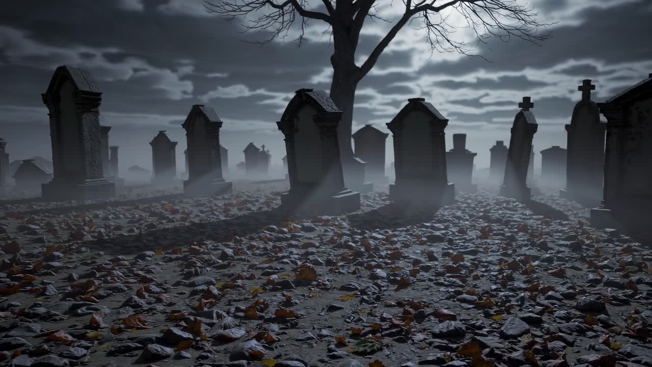 Eerie graveyard scene with low-angle view, emphasizing tombstones and a barren tree