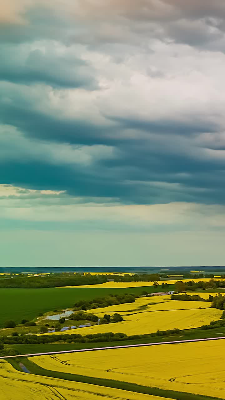 Dramatic storm clouds and rain moving over vibrant yellow rapeseed fields in the Latvian countryside creating moody rural scene - Vertical aerial time lapse